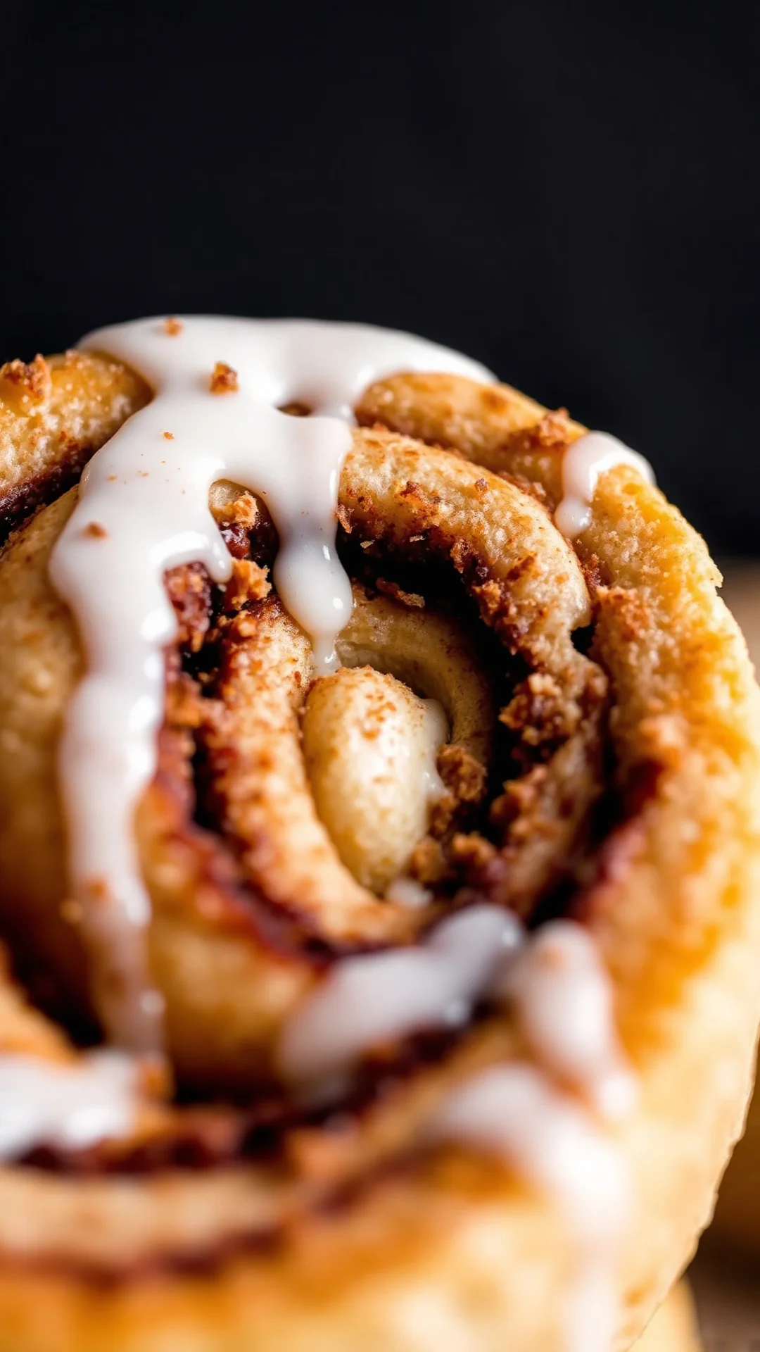 Close-up macro shot of a freshly baked cinnamon roll cut in half showing spiral cinnamon filling, with melted white glaze and