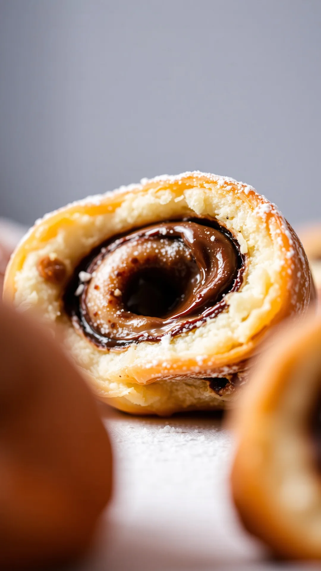 Close-up macro shot of a single Bueno cinnamon roll, creamy chocolate hazelnut filling visible, golden crispy edges, dusted w