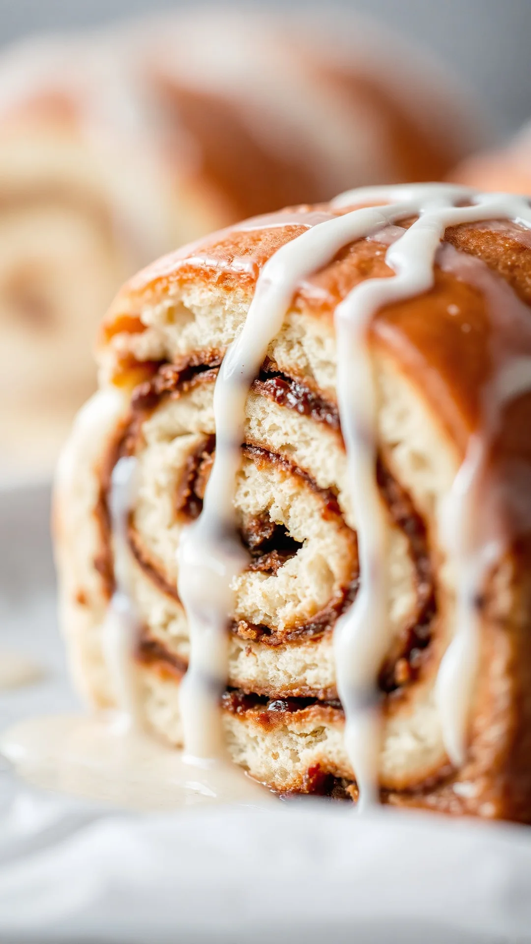 Close-up macro shot of a single cinnamon roll slice showing spiral layers and white icing drip, soft focus background, creamy