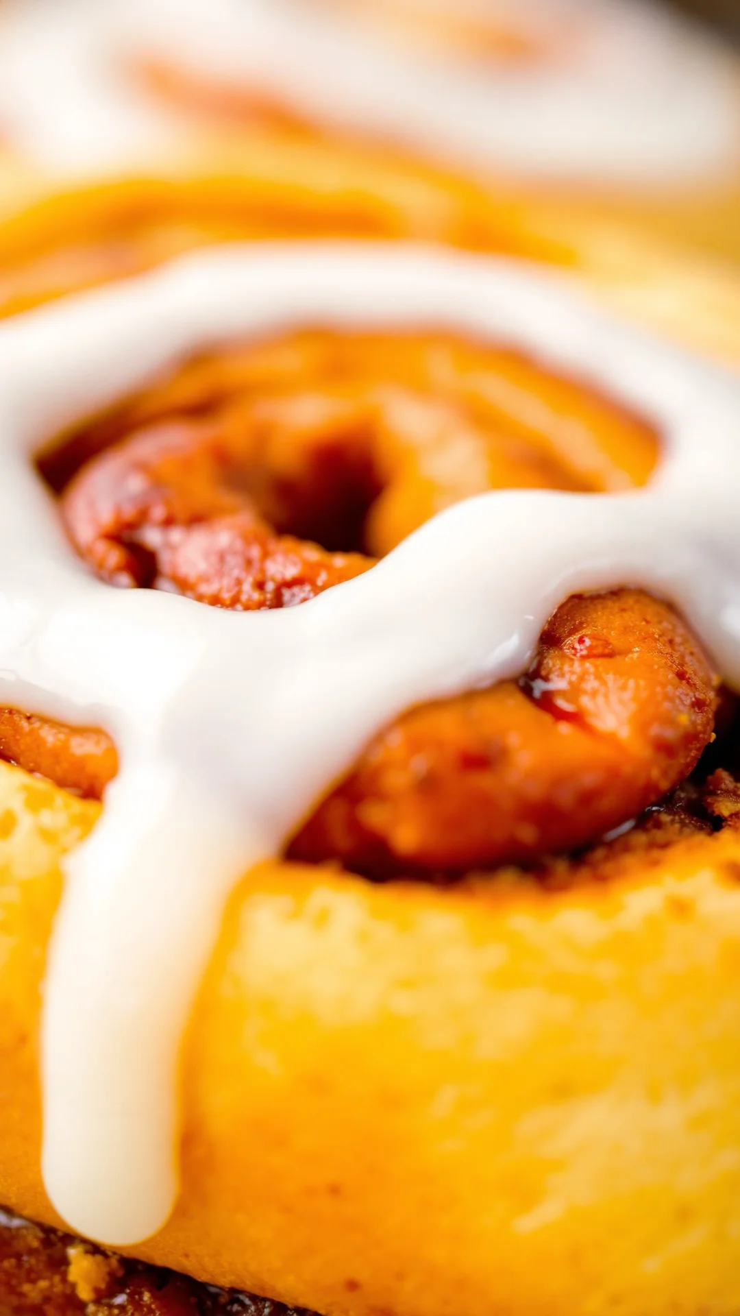 Close-up macro shot of a single cinnamon roll with white icing drip, soft golden crust, cinnamon swirl interior visible, shal