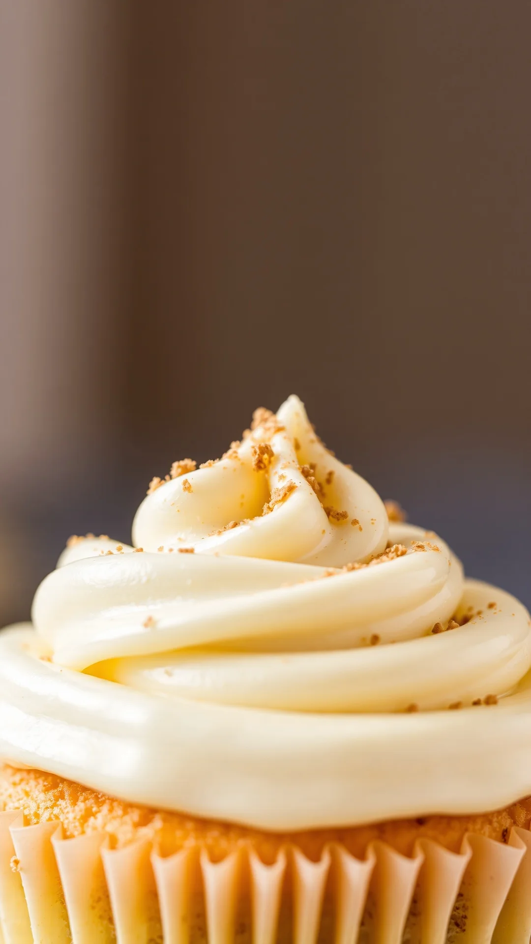 Close-up macro shot of a single eggnog cupcake with frosting, topped with nutmeg powder, creamy texture visible, shallow dept