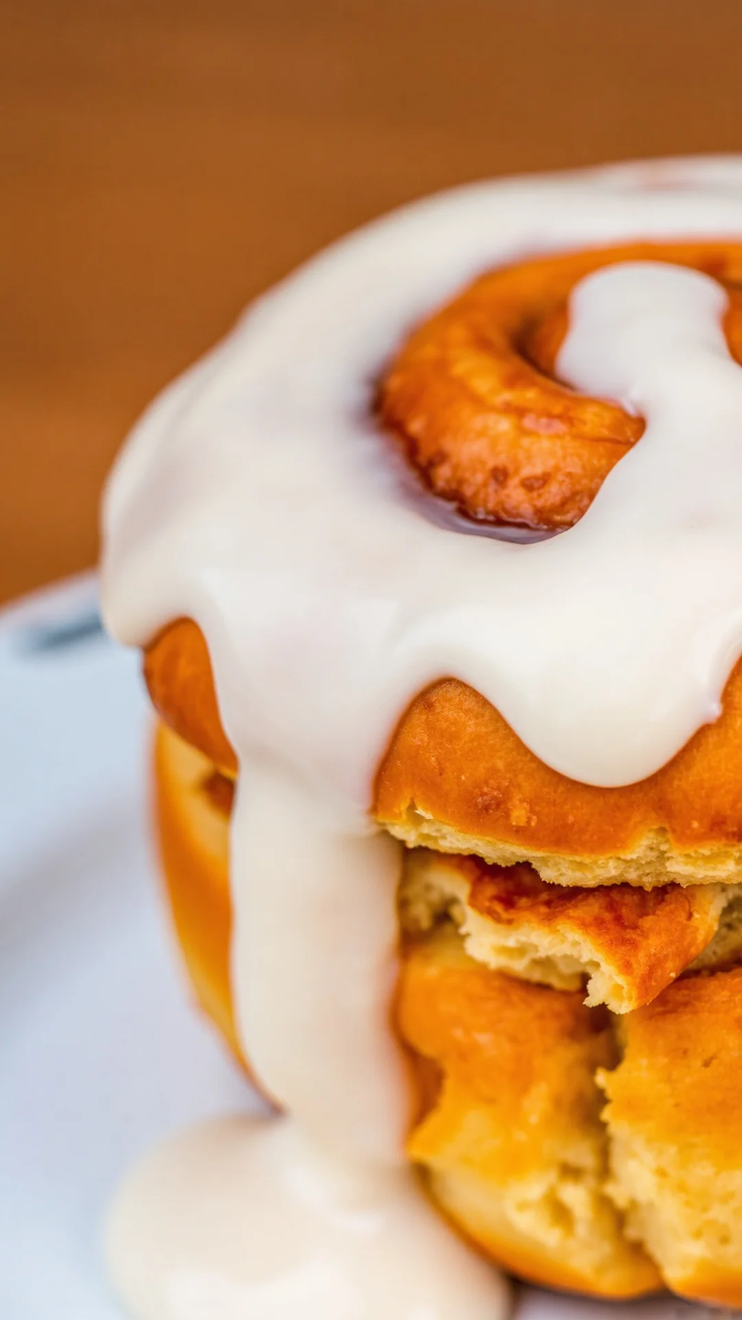 Close-up macro shot of a single freshly baked cinnamon roll with creamy white glaze dripping down, golden pastry layers visib