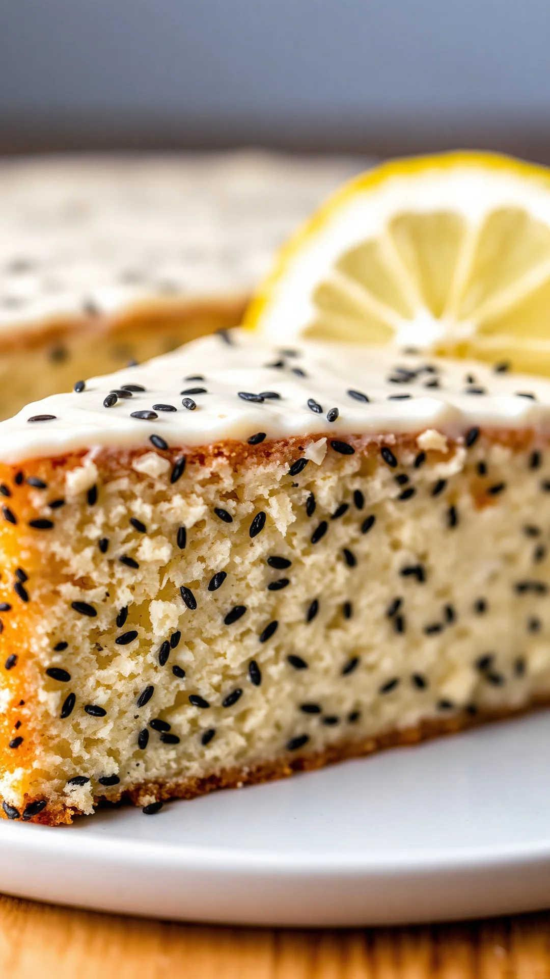Close-up macro shot of a slice of low carb poppy seed cake with creamy texture, poppy seeds visible throughout, moist crumb s