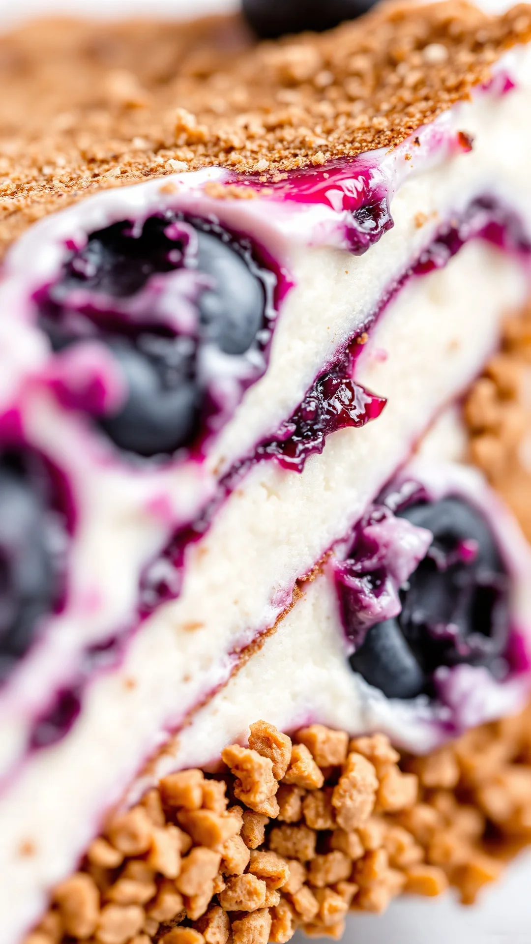 Close-up macro shot of blueberry tiramisu slice showing layers, creamy mascarpone filling, juicy blueberries, ladyfinger text