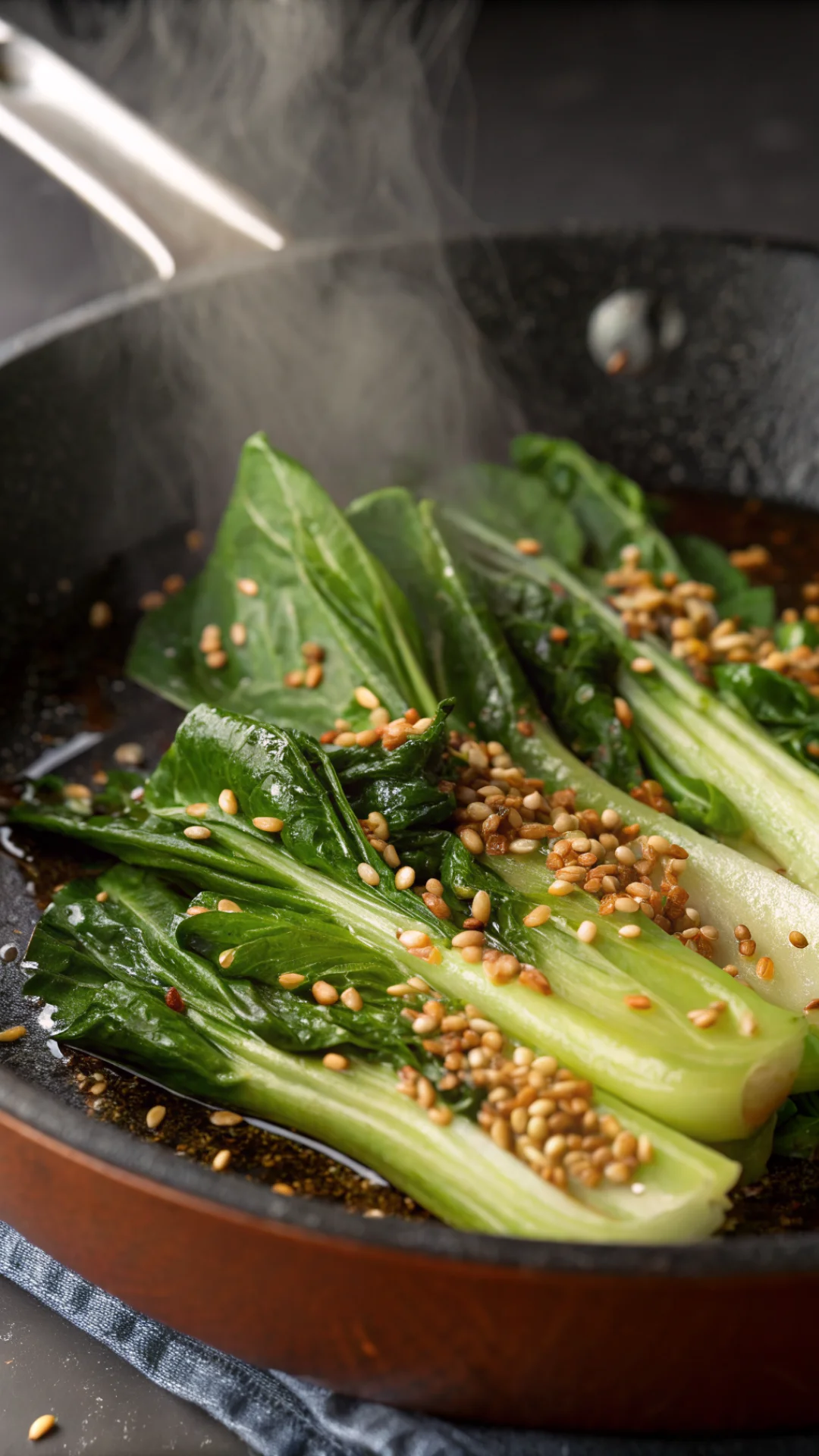 Close-up macro shot of cooked pak choi with glossy sesame oil, golden sesame seeds, steam rising, vibrant green leaves, profe