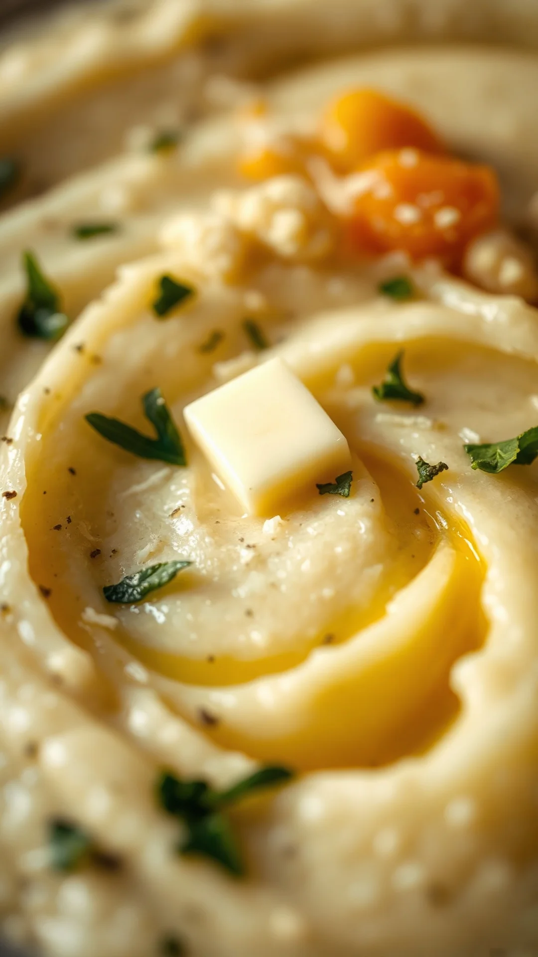 Close-up macro shot of creamy cauliflower puree texture with butter swirl, fresh herbs, and cheese sprinkled on top, professi