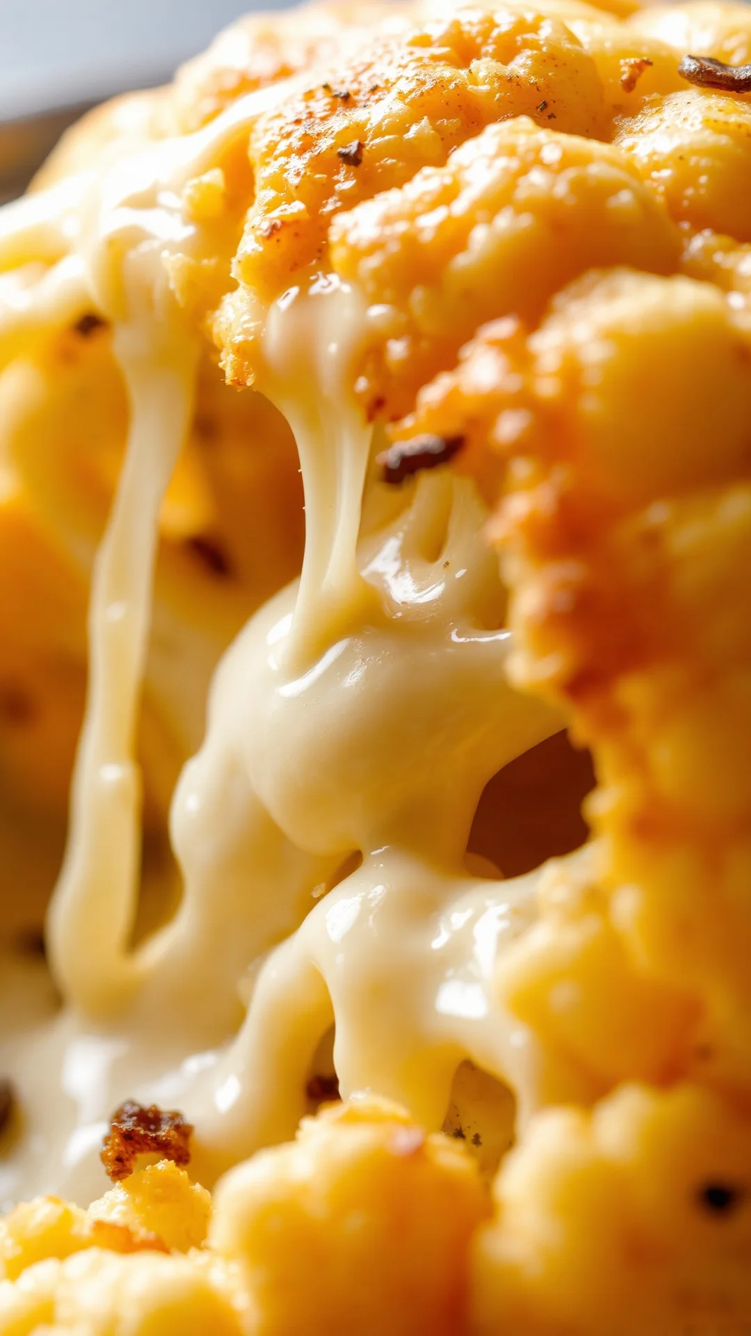 Close-up macro shot of creamy cauliflower with melted cheese, golden crispy crust, steam rising, food styling, professional l