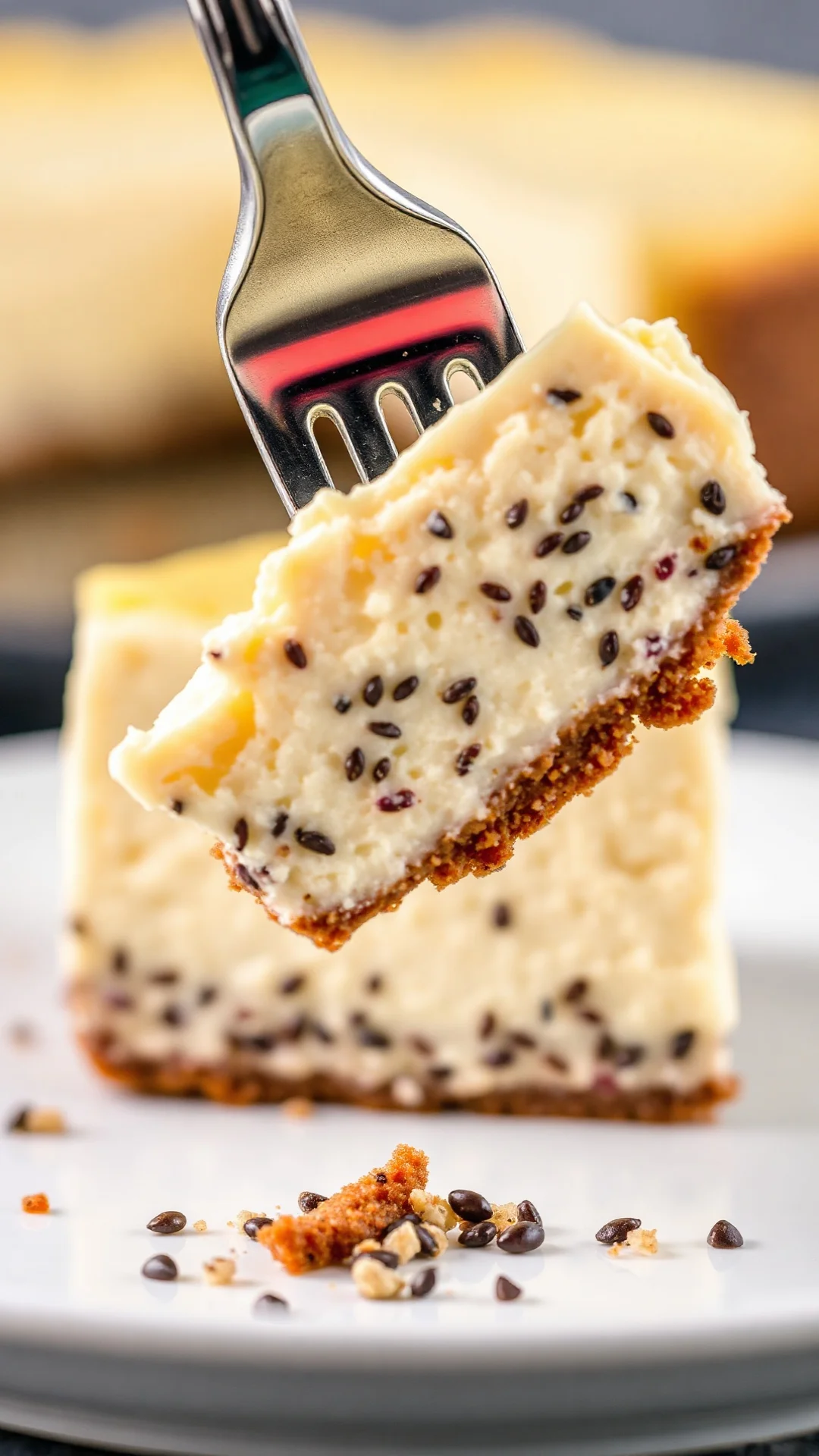 Close-up macro shot of creamy cheesecake layer with poppy seed base, fork lifting slice, rich texture detail, shallow depth o