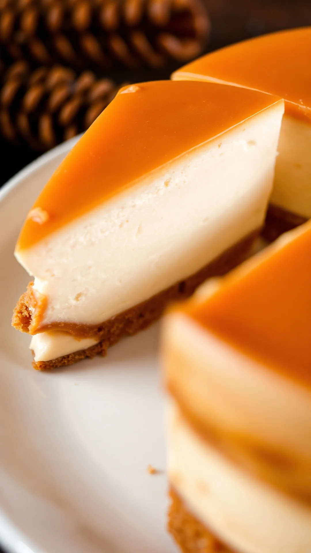 Close-up macro shot of creamy cheesecake slice with eggnog filling, visible texture and layers, 9:16 vertical format, profess
