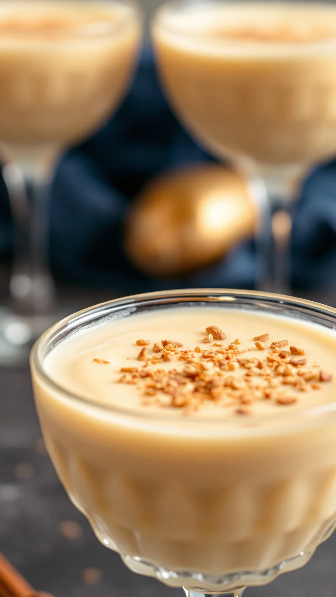 Close-up macro shot of creamy eggnog cocktail in a crystal glass, topped with nutmeg, smooth luxurious texture, golden amber