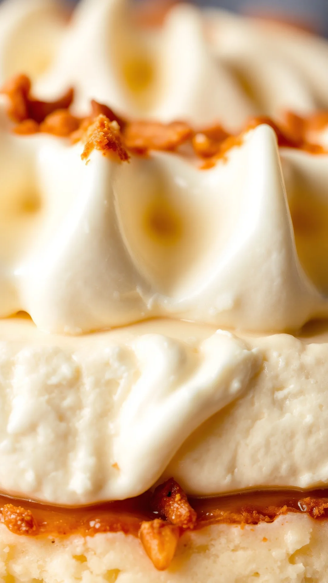 Close-up macro shot of creamy eggnog mascarpone mousse layer with whipped cream, soft diffused lighting, 9:16 vertical format