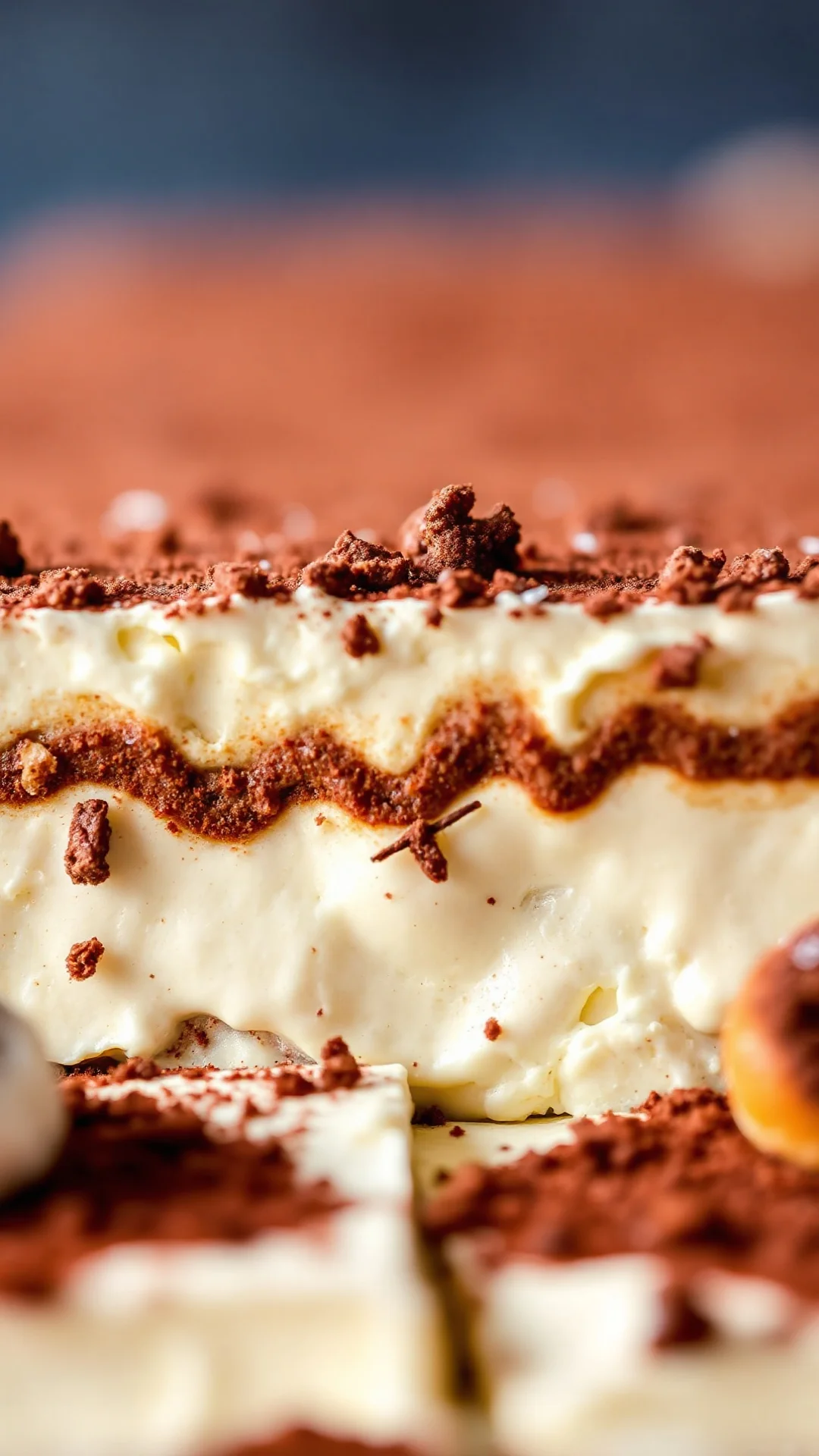 Close-up macro shot of creamy mascarpone layer in tiramisu, showing rich texture with cocoa dusting, coffee-dipped ladyfinger