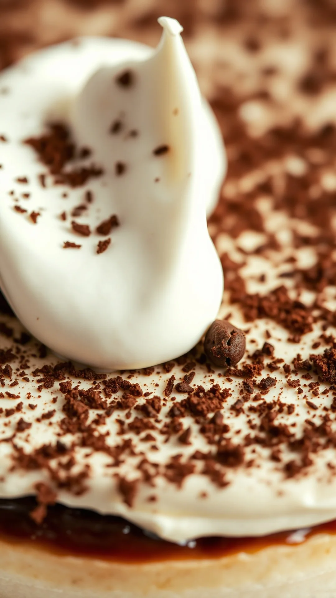 Close-up macro shot of creamy mascarpone topping on tiramisu cheesecake, dusted with dark cocoa and coffee powder, rich layer