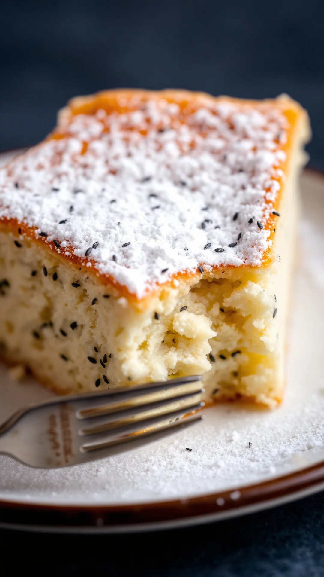 Close-up macro shot of creamy poppy seed cake slice, fluffy crumb texture visible, topped with white powdered sugar, fork nex