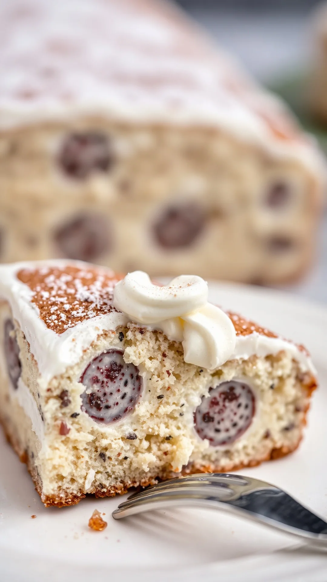 Close-up macro shot of creamy poppy seed cake slice, showing detailed poppy filling texture with vanilla cream, dusted powder