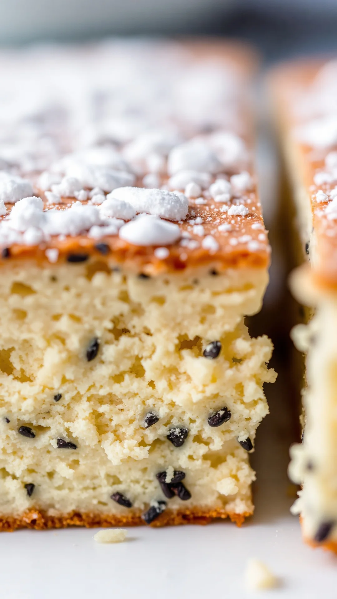 Close-up macro shot of creamy poppy seed quark cake layer, fresh cut slice showing moist crumb structure, dusted with fine po