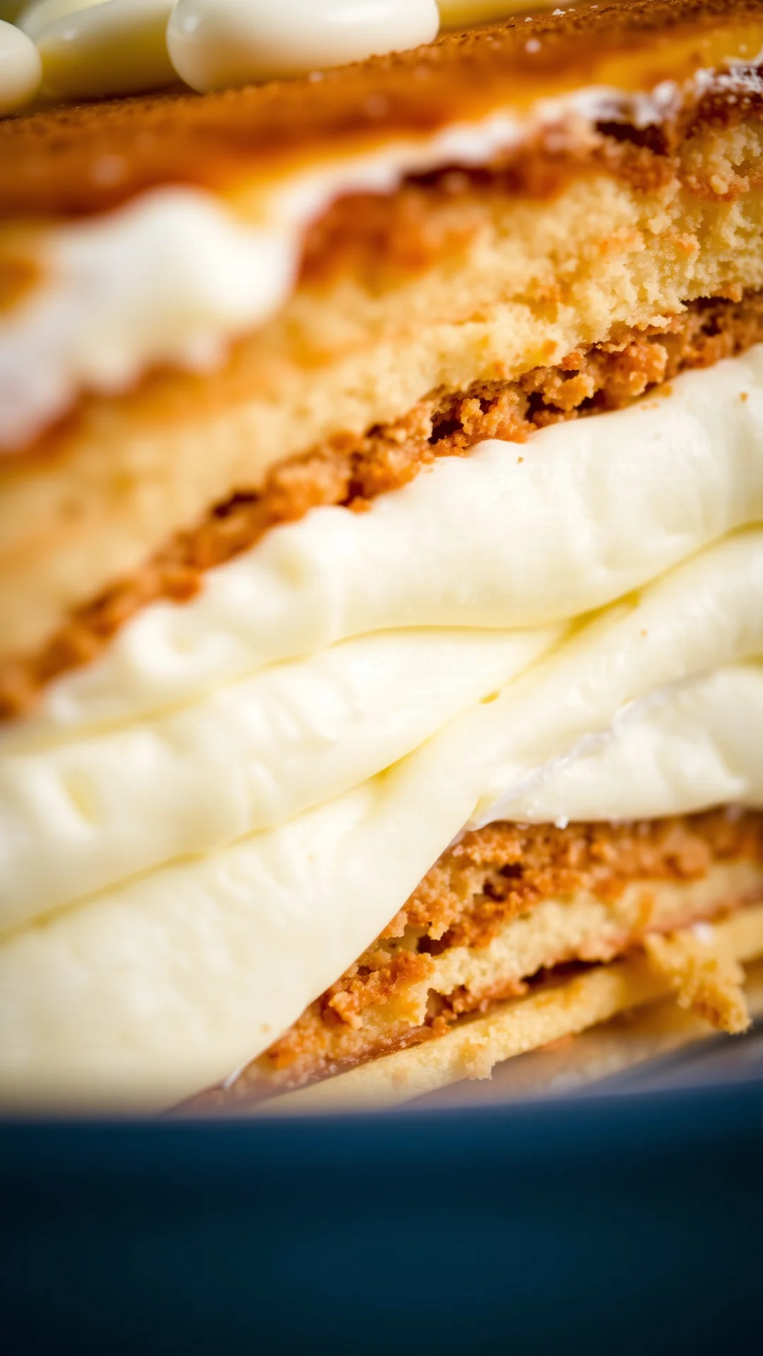 Close-up macro shot of creamy tiramisu cross-section, layers of mascarpone cream and ladyfingers, white chocolate garnish, so