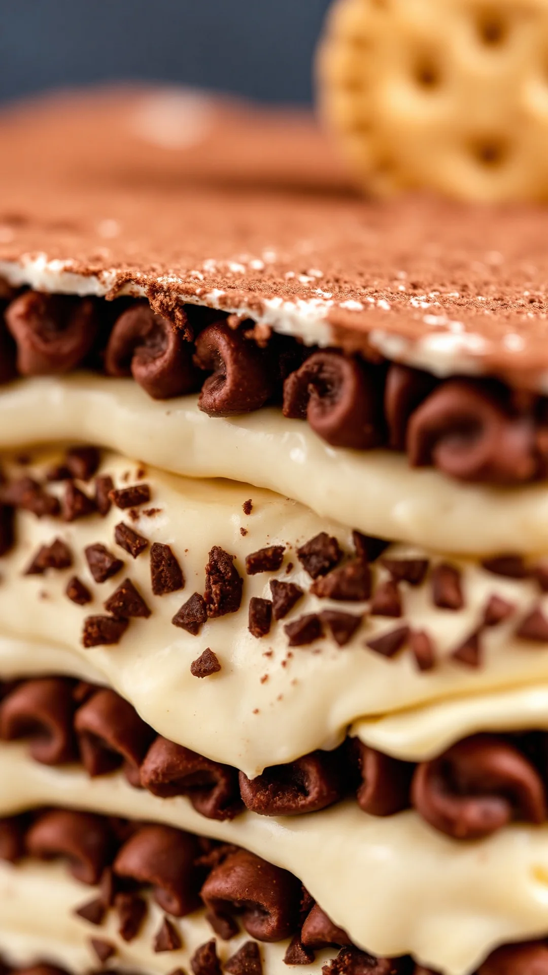 Close-up macro shot of creamy Tiramisu layer, mascarpone texture, cocoa powder, ladyfinger biscuit, rich brown tones, profess