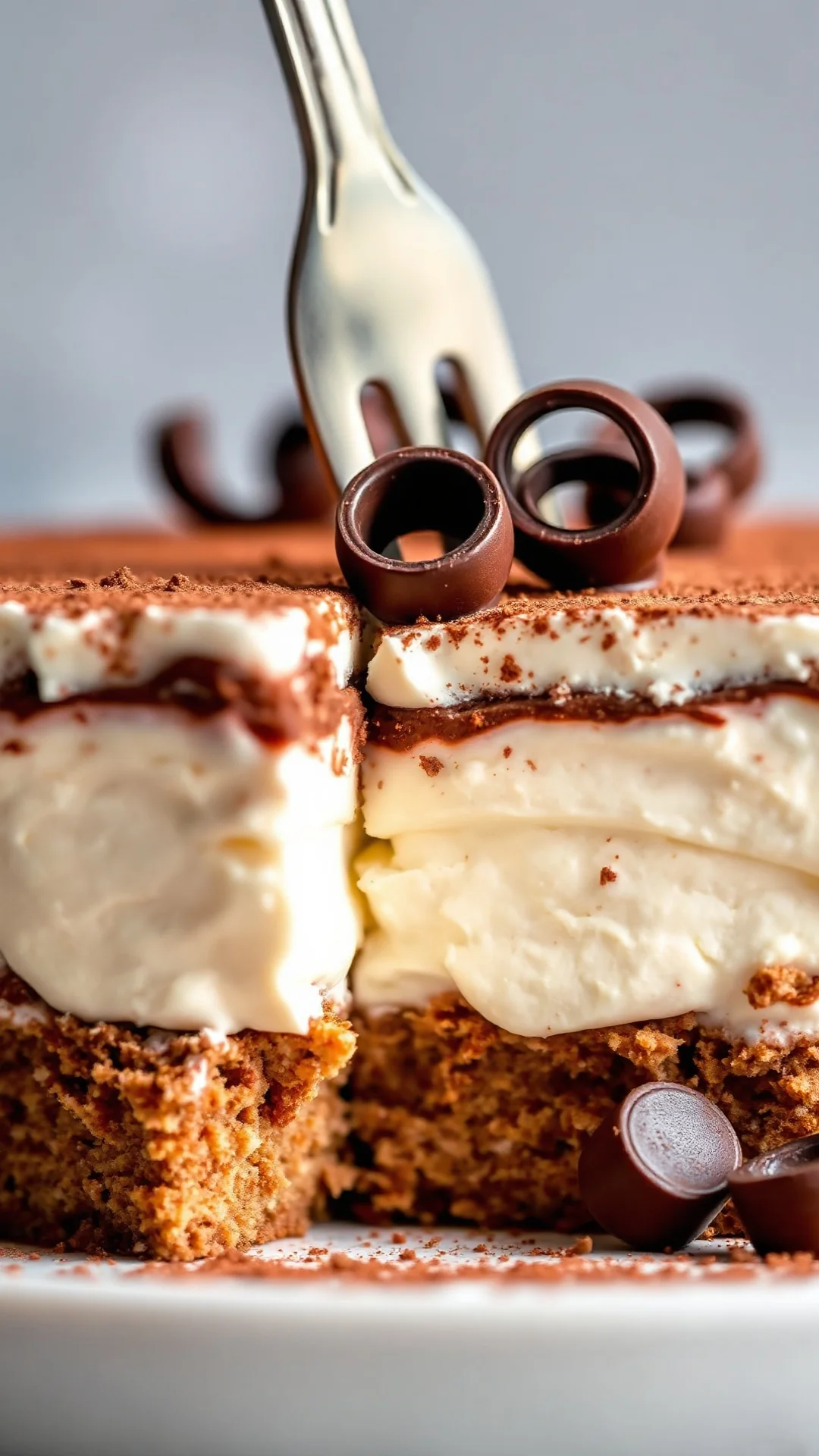 Close-up macro shot of creamy tiramisu layers with cocoa powder dusting and dark chocolate curls, fork cutting through soft m