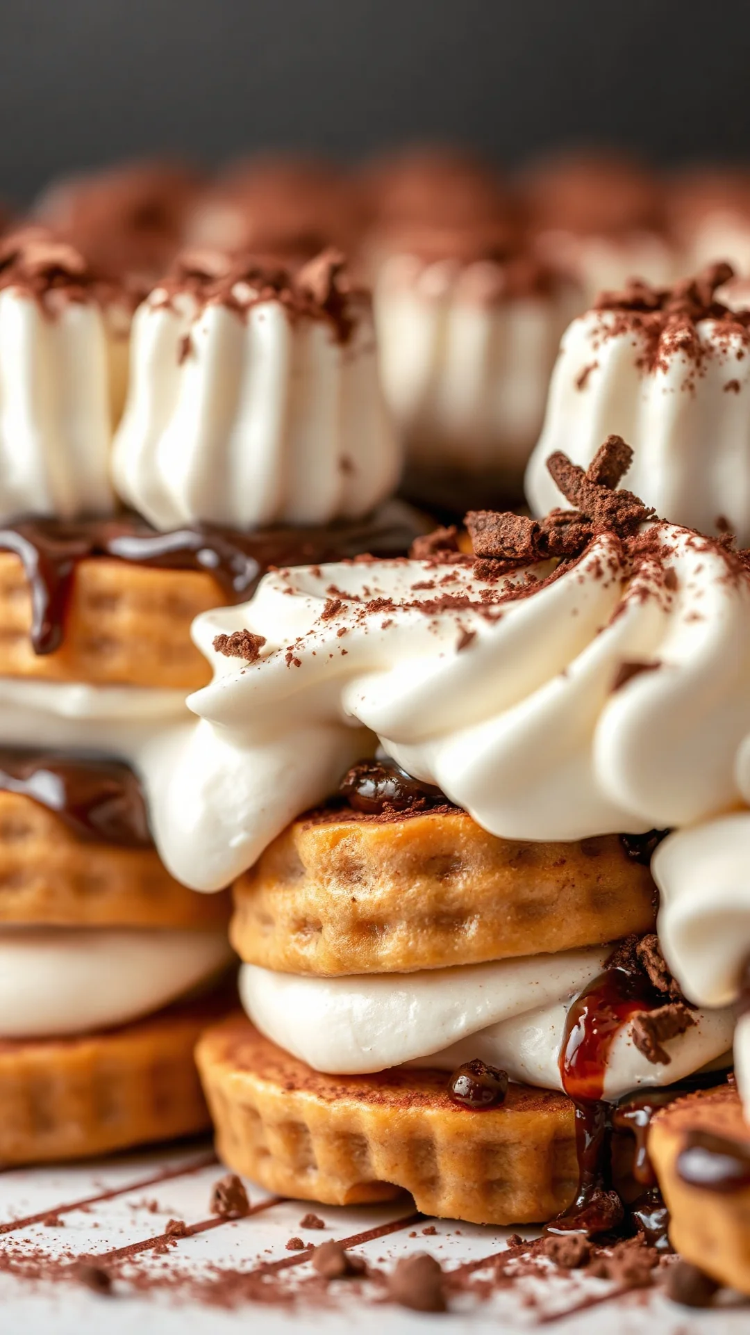 Close-up macro shot of creamy tiramisu layers with mascarpone cream and espresso-soaked ladyfingers, cocoa powder dust, profe
