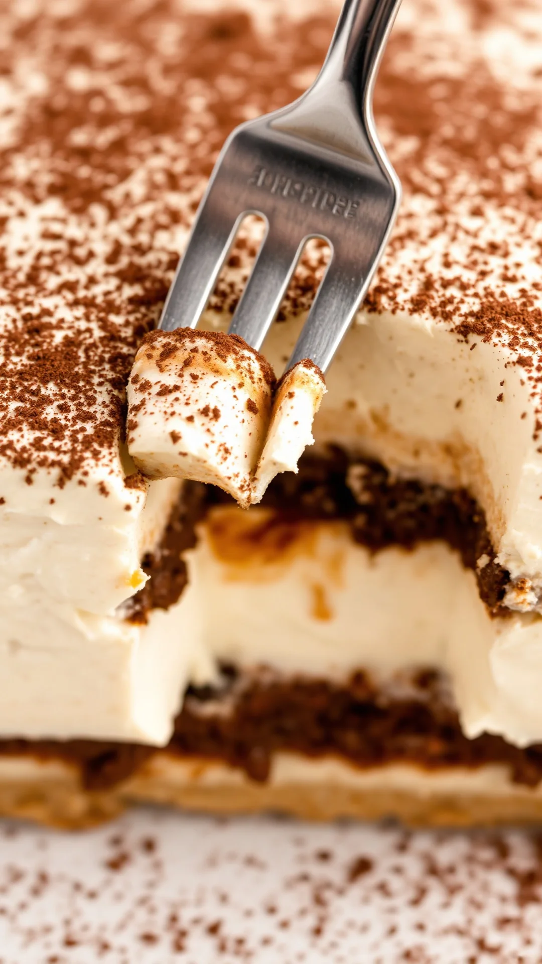Close-up macro shot of creamy tiramisu with cocoa powder dusting, fork taking a bite, layered texture visible, rich mascarpon