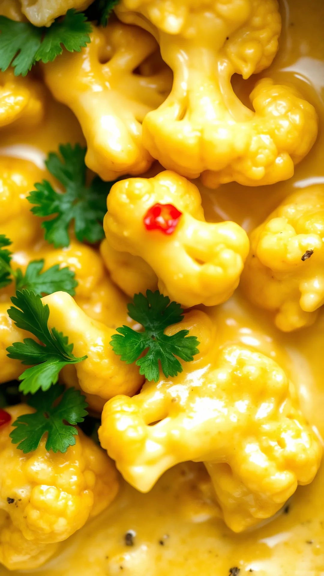 Close-up macro shot of creamy yellow cauliflower curry with tender florets in silky coconut sauce, garnished with fresh green
