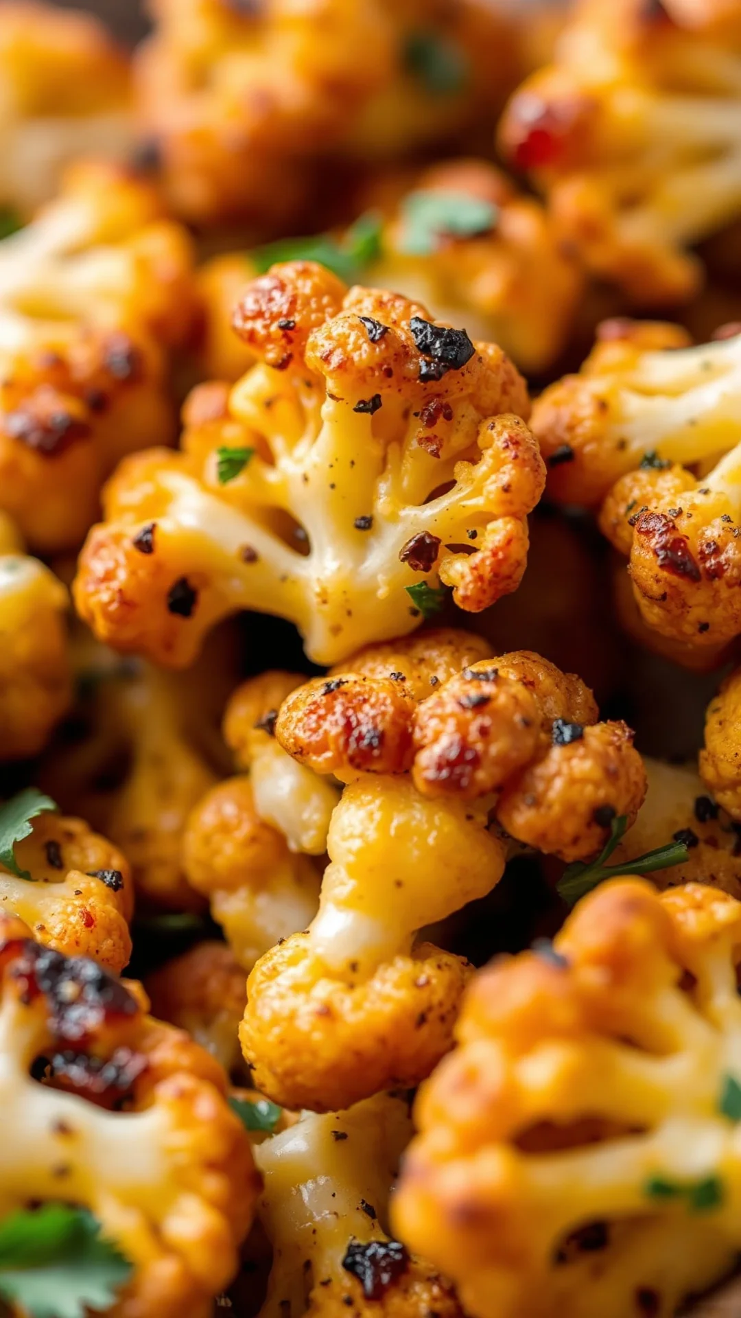 Close-up macro shot of crispy golden cauliflower florets with herbs and spices, steam rising, shallow depth of field, vibrant