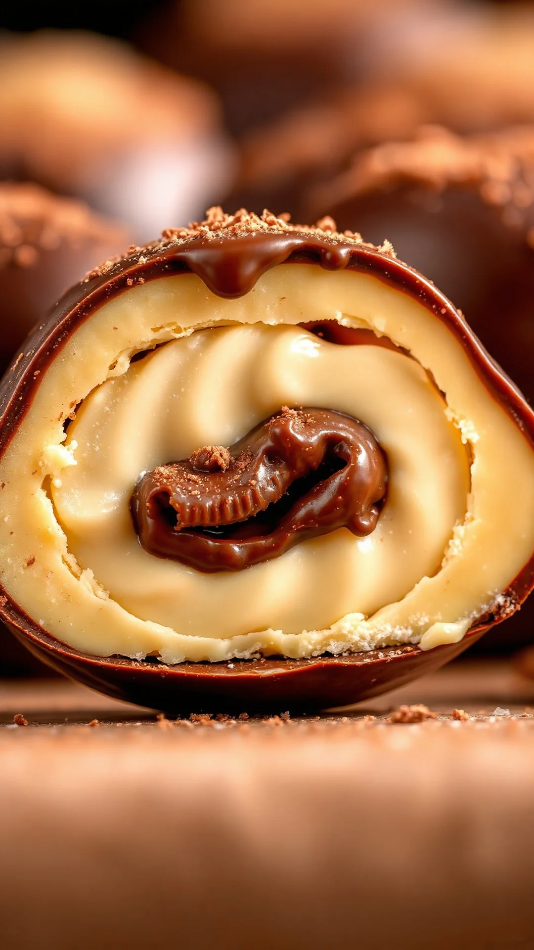 Close-up macro shot of eggnog praline with chocolate coating dripping, cross-section showing creamy ganache filling, powdered