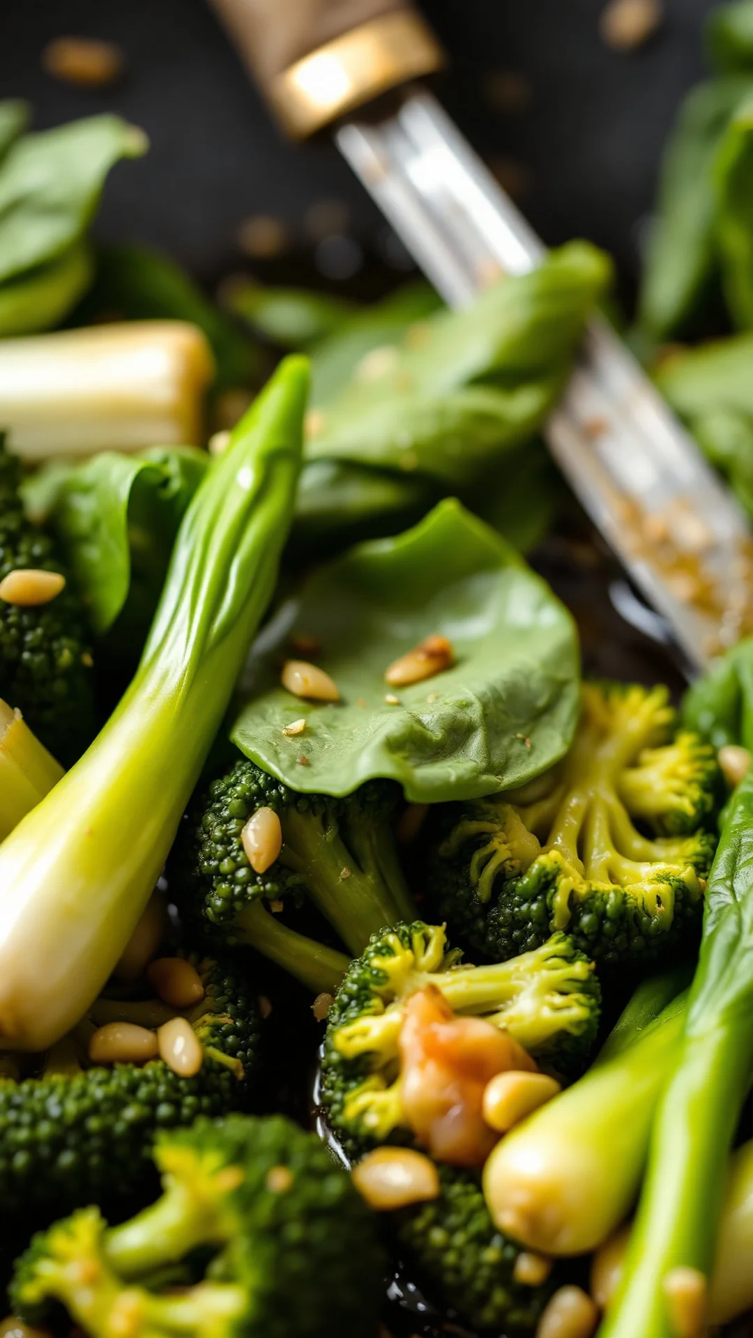 Close-up macro shot of fresh pak choi leaves and broccoli florets being tossed in a hot wok with sesame oil, garlic, and ging