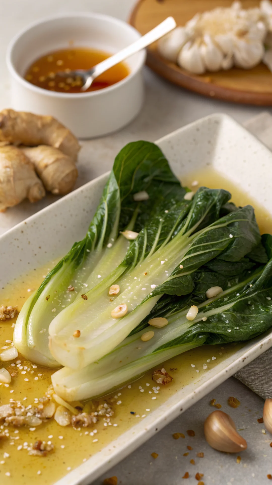 Close-up macro shot of fresh pak choi leaves glistening with sesame oil, crushed garlic cloves scattered around, aromatic gin