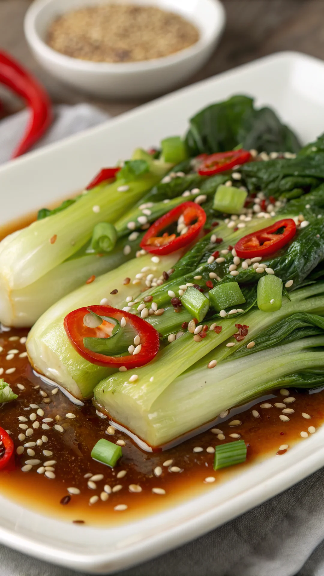 Close-up macro shot of fresh pak choi with glistening oyster sauce, sesame seeds, sliced red chili, and spring onions in 9:16