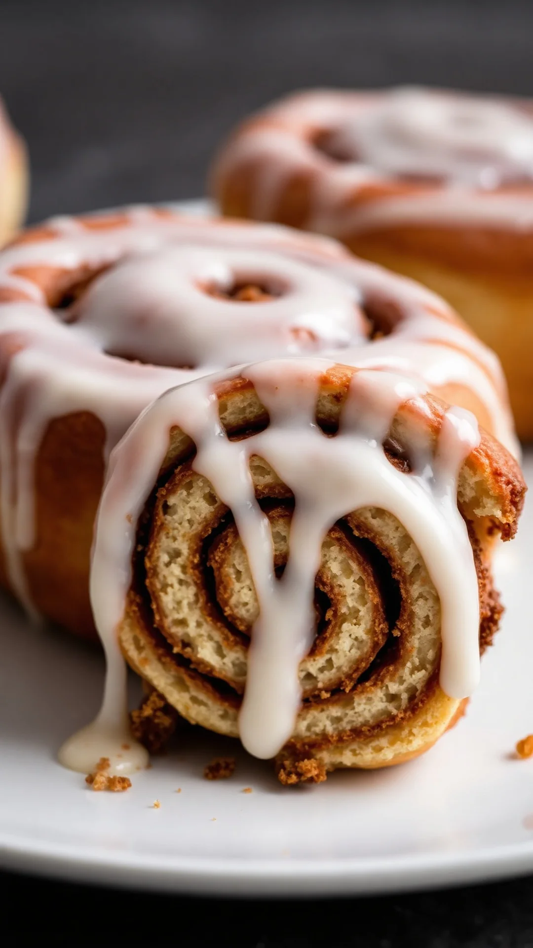 Close-up macro shot of freshly baked cinnamon roll cut in half, showing spiral filling, dripping white icing glaze, steam ris