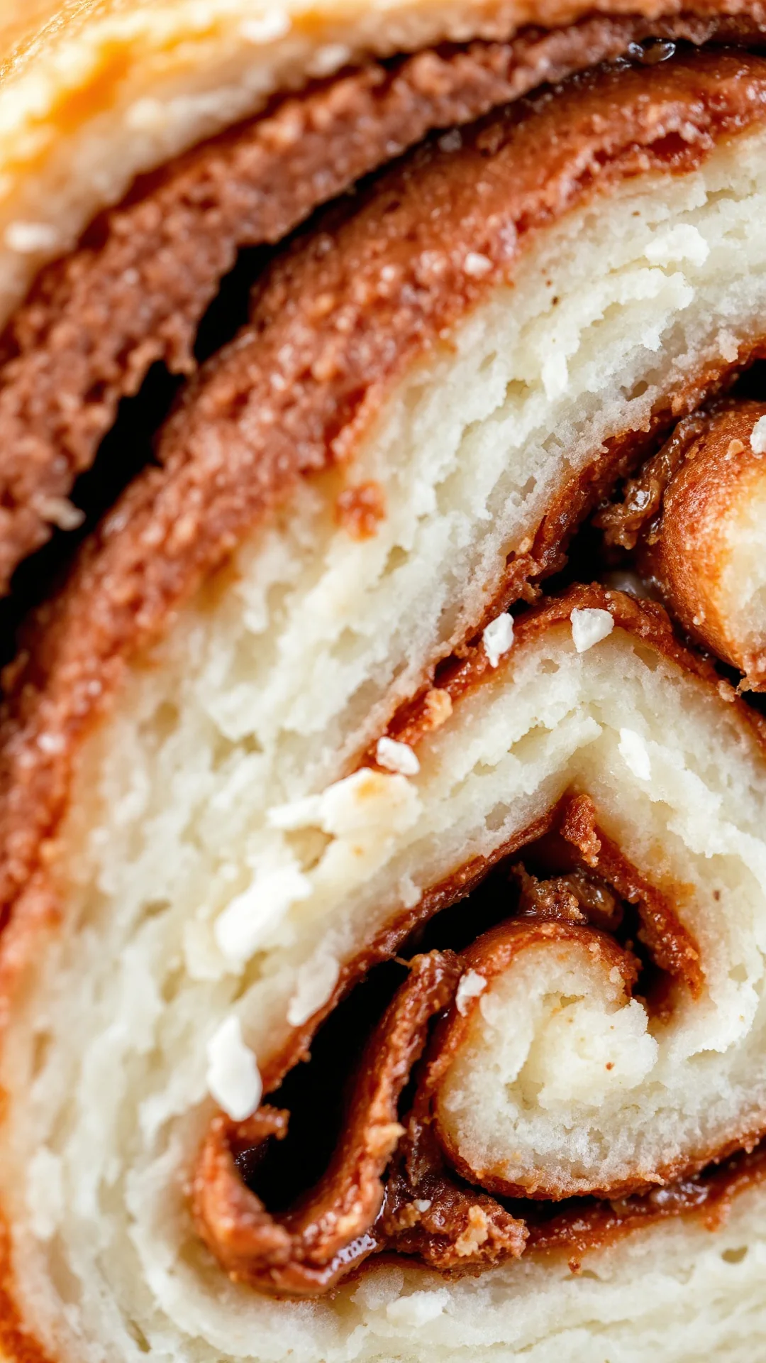 Close-up macro shot of freshly baked cinnamon roll cross-section, showing swirled dough layers, gooey cinnamon filling, fluff