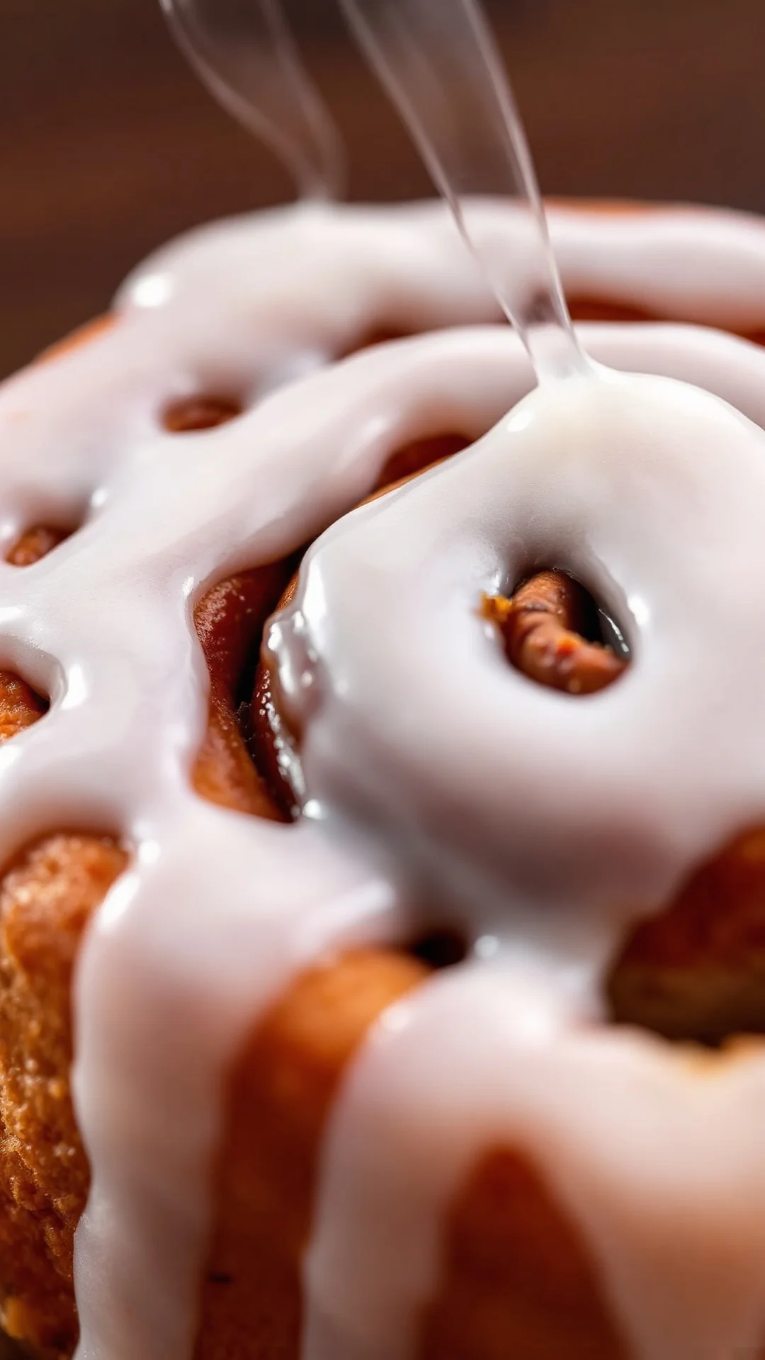 Close-up macro shot of freshly baked Danish cinnamon roll, gooey melted icing, spiral cinnamon filling visible, warm steam ri