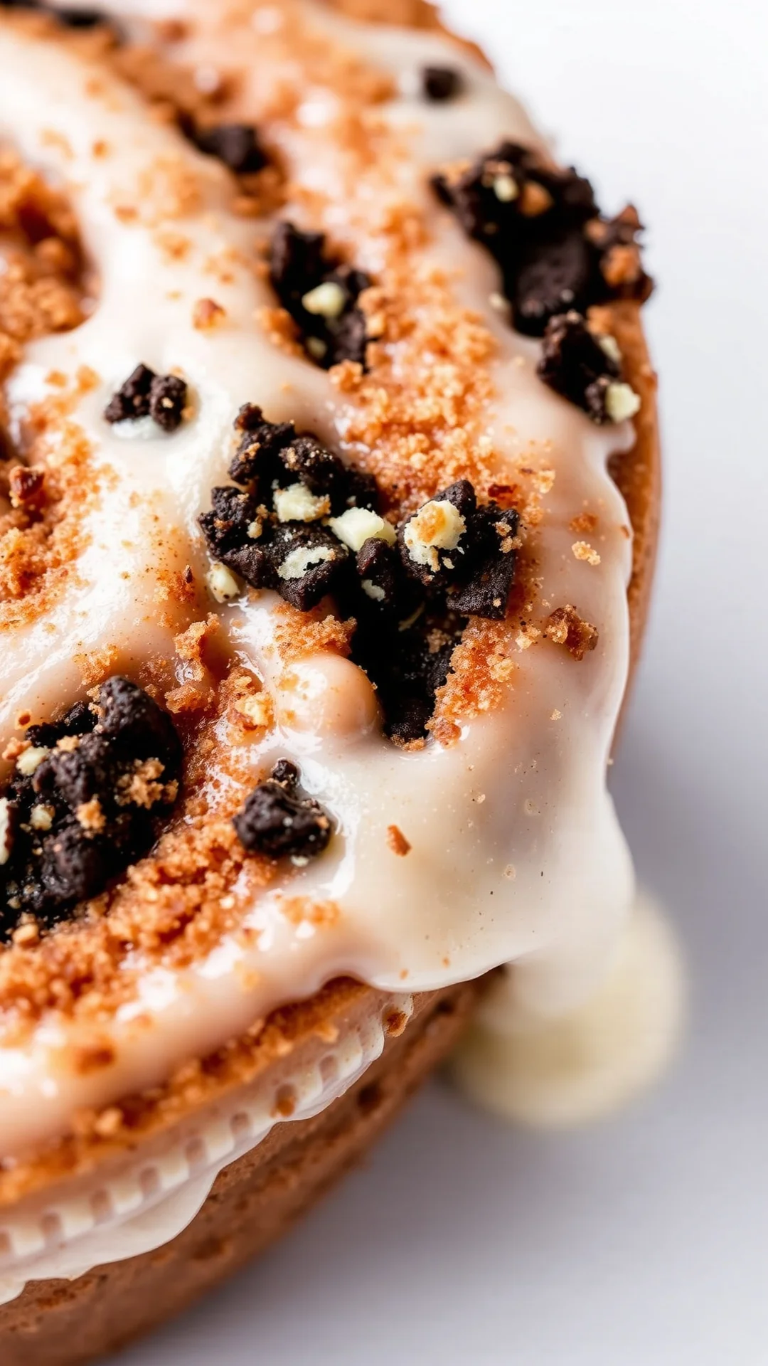 Close-up macro shot of freshly baked Oreo cinnamon swirl with creamy frosting dripping, crushed Oreo pieces visible, cinnamon