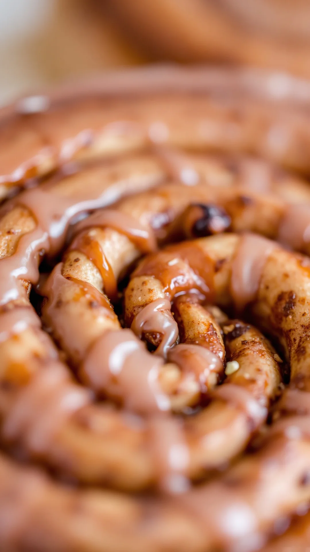 Close-up macro shot of freshly baked Swedish cinnamon bun spiral, showing cinnamon sugar filling layers, glazed top, perfect
