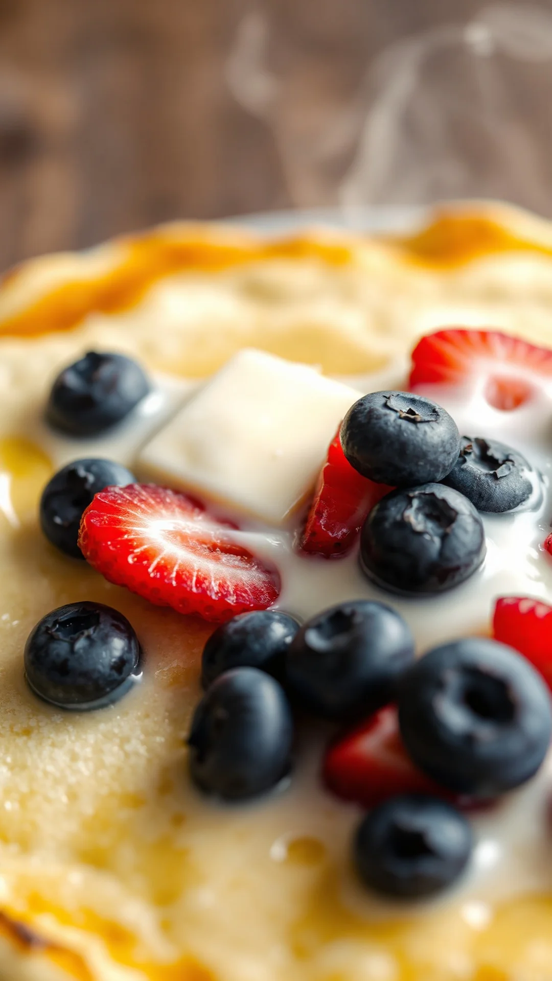 Close-up macro shot of freshly made quark pancake with melting butter, golden crust, steam rising, vibrant blueberries and st