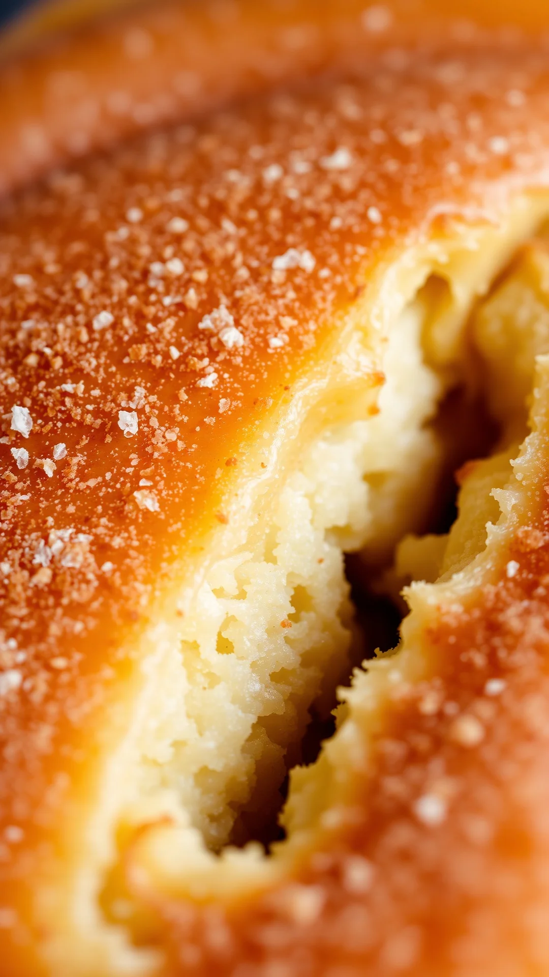 Close-up macro shot of golden-brown cinnamon roll with swirled cinnamon sugar, showing flaky layers and tender texture, warm