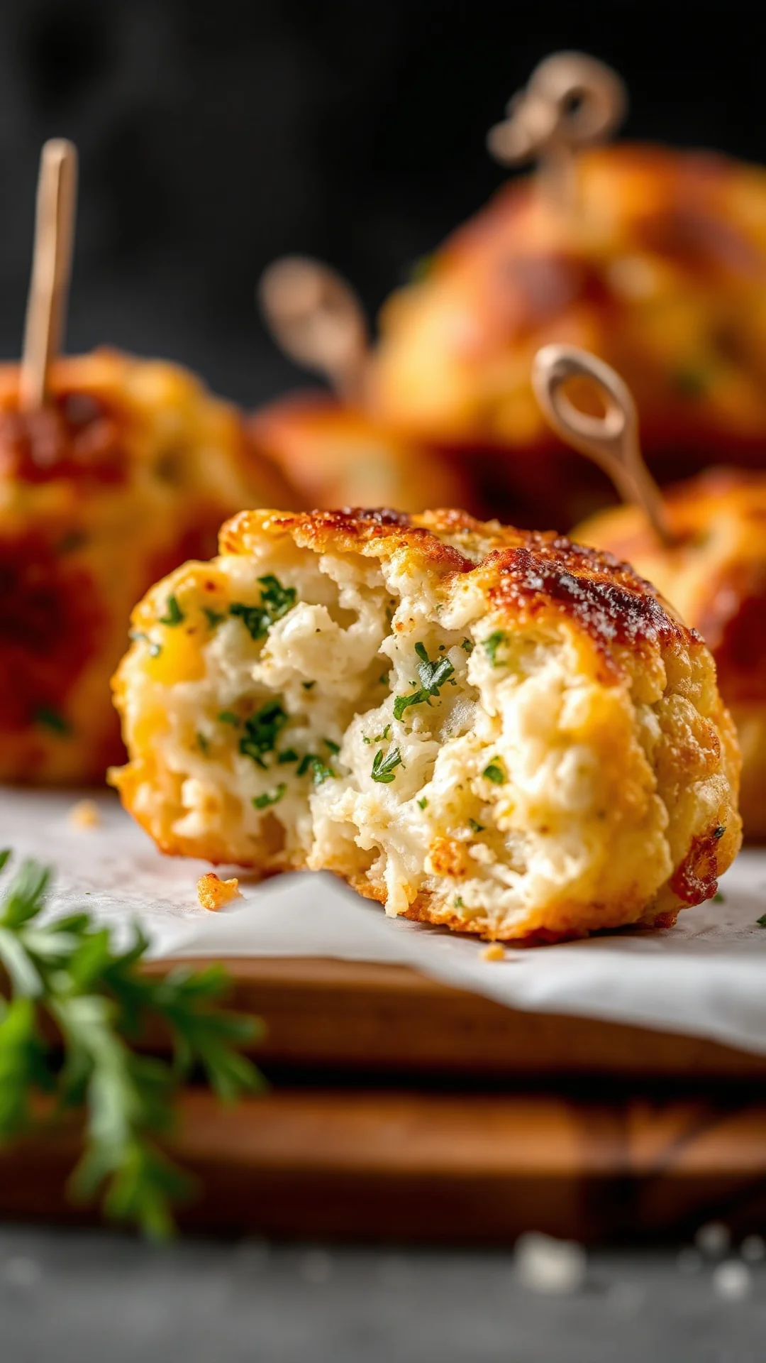 Close-up macro shot of golden-brown crispy cauliflower meatball cut in half, steaming, showcasing tender interior texture, fr