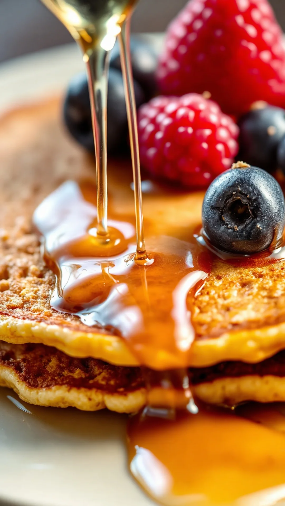 Close-up macro shot of golden crispy banana pancake with melting butter, honey stream, fresh raspberries and blueberries on t