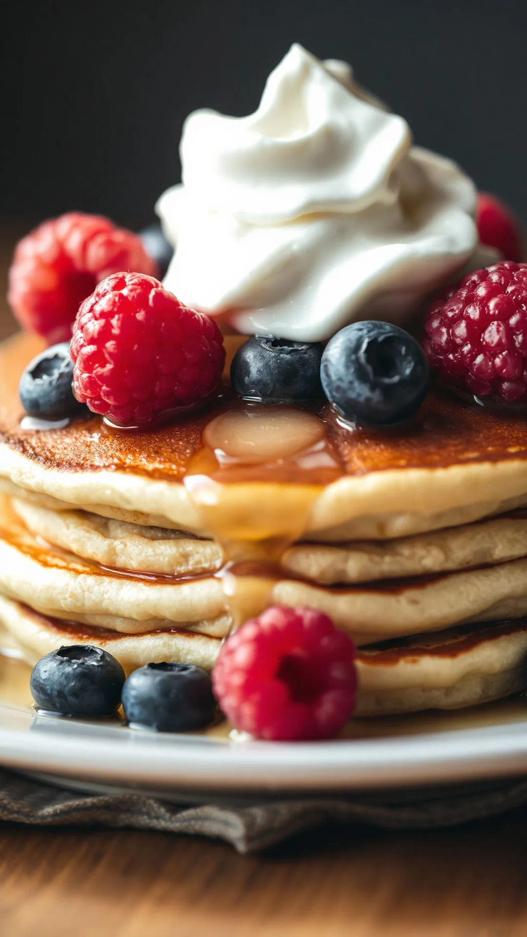 Close-up macro shot of golden pancake stack with melting butter, raspberries and blueberries on top, creamy yogurt dollop, wa