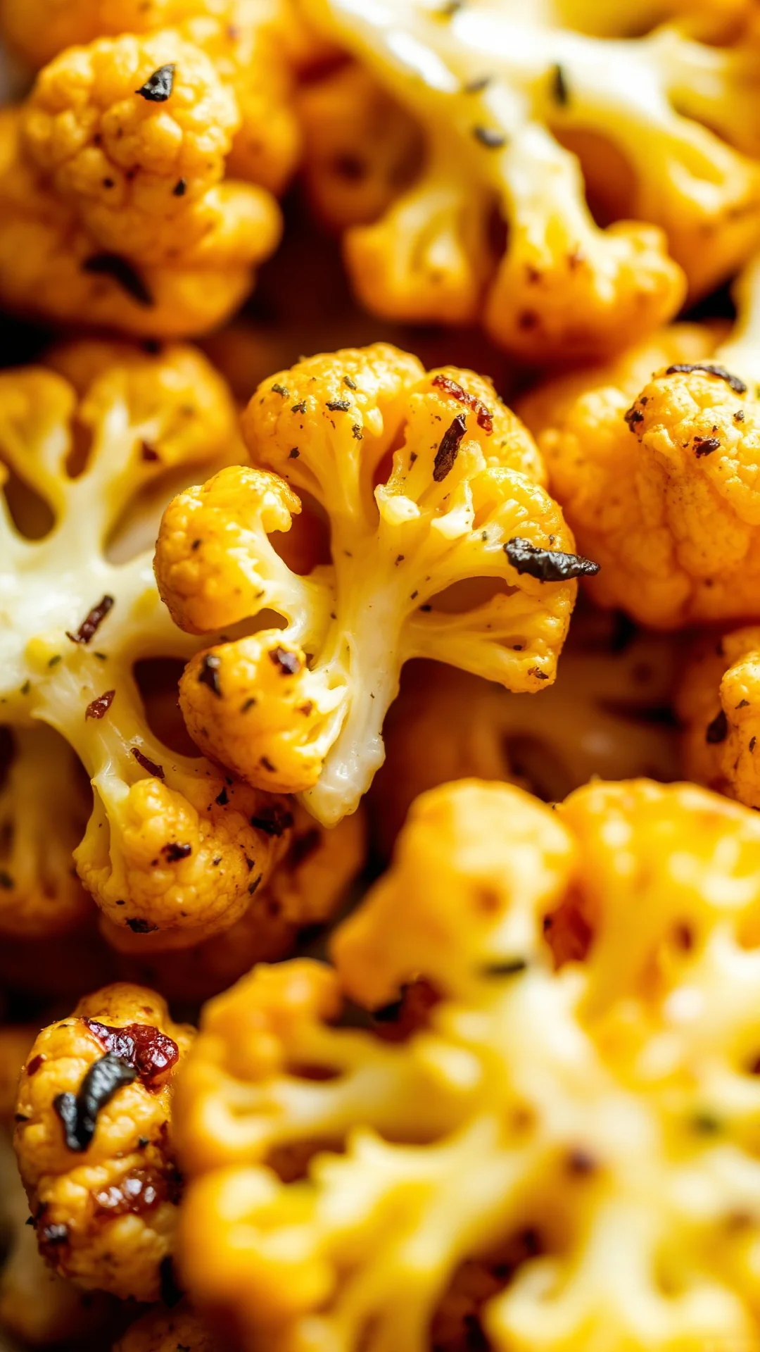 Close-up macro shot of golden roasted cauliflower florets with herbs and seasoning, detail texture visible, soft warm lightin