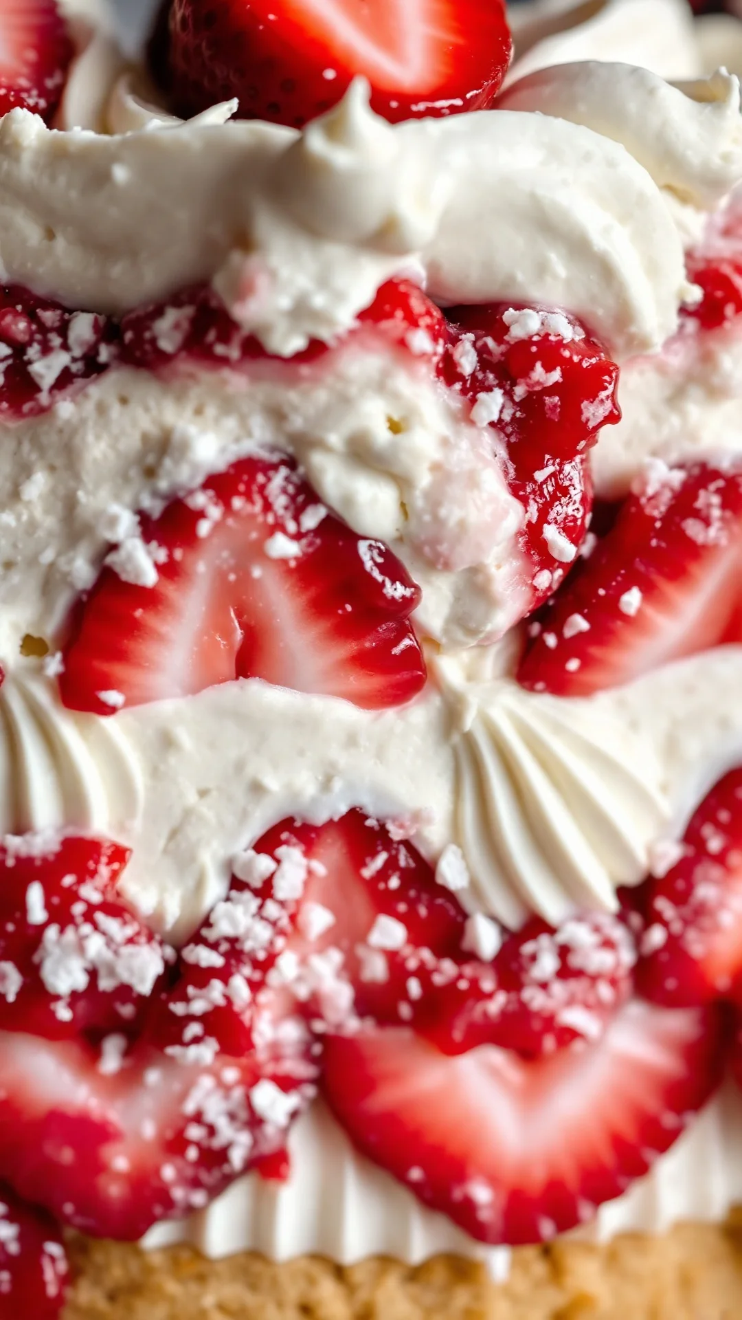Close-up macro shot of layered strawberry tiramisu cross-section, showing creamy mascarpone, fresh strawberry slices, soaked
