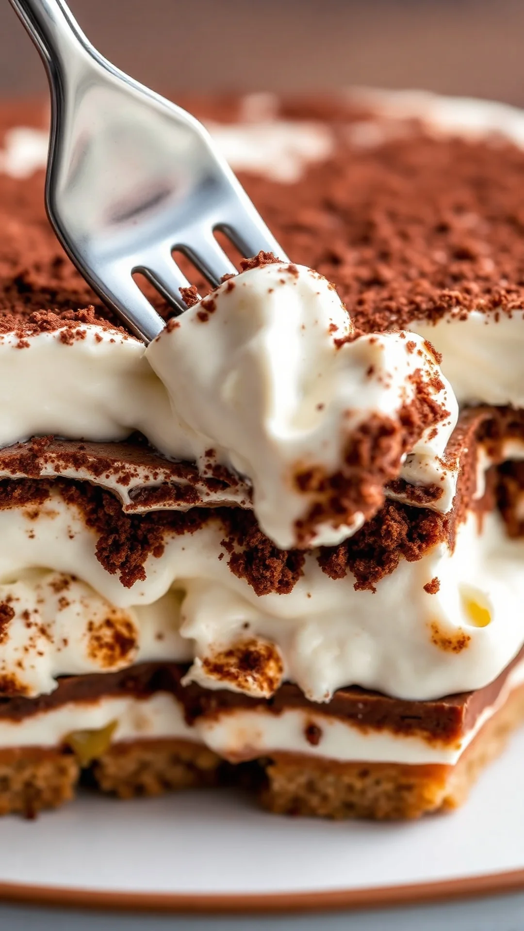 Close-up macro shot of layered Tiramisu with Quark, showing creamy texture and cocoa dusting, fork taking a bite, rich desser