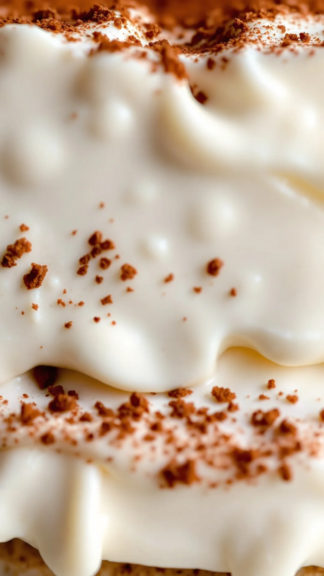 Close-up macro shot of light tiramisu layers, creamy white yogurt mixture with cocoa dust on top, coffee-soaked biscuits visi