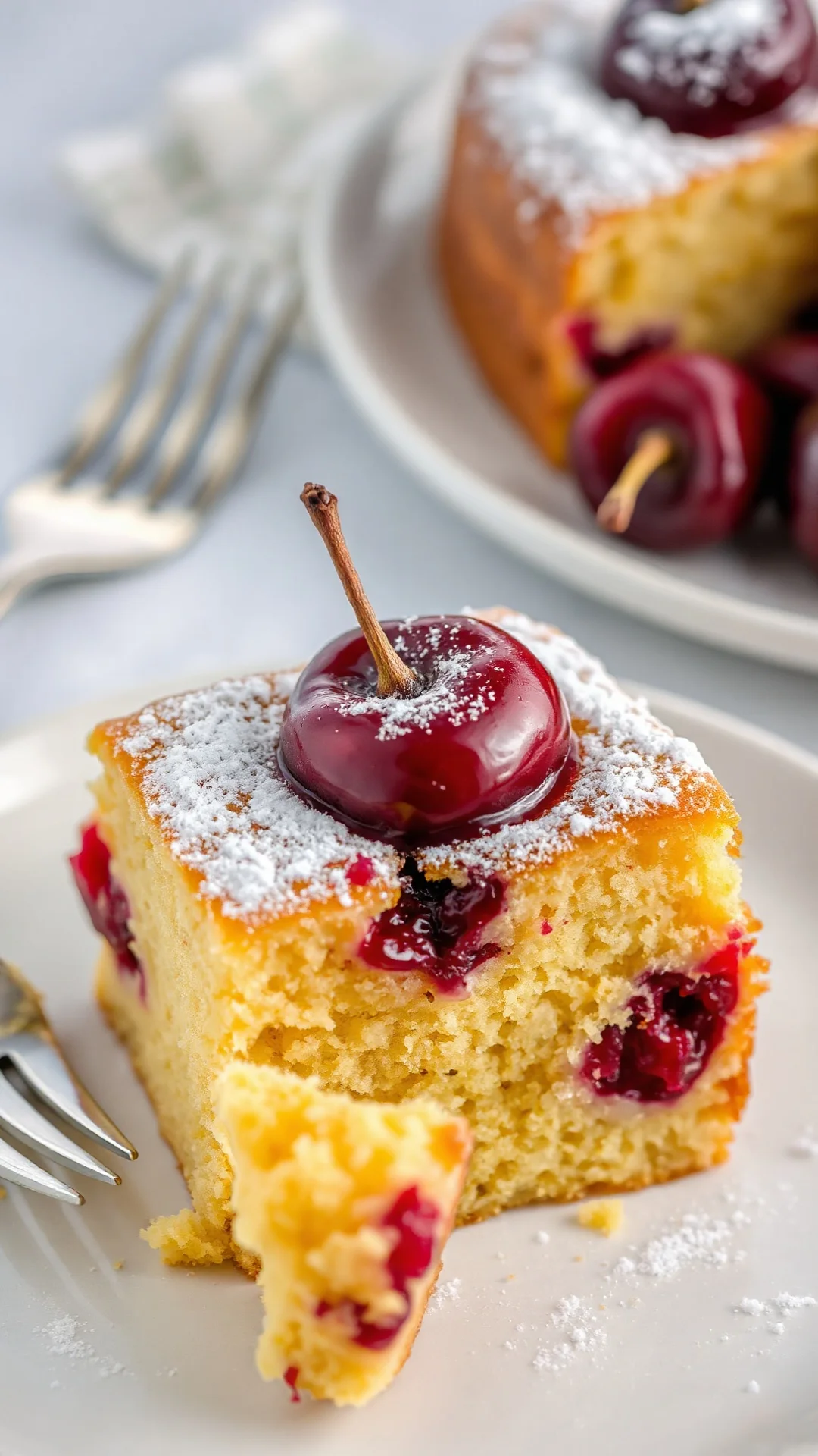 Close-up macro shot of mohn cake slice with juicy red cherries, moist tender crumb visible, powdered sugar dusting, fork besi