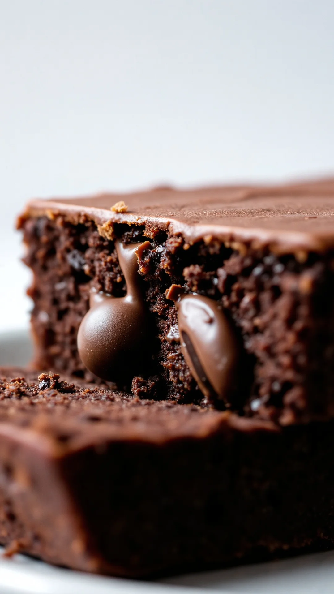Close-up macro shot of moist chocolate poppy seed cake slice with melting dark chocolate pieces, creamy texture, studio light