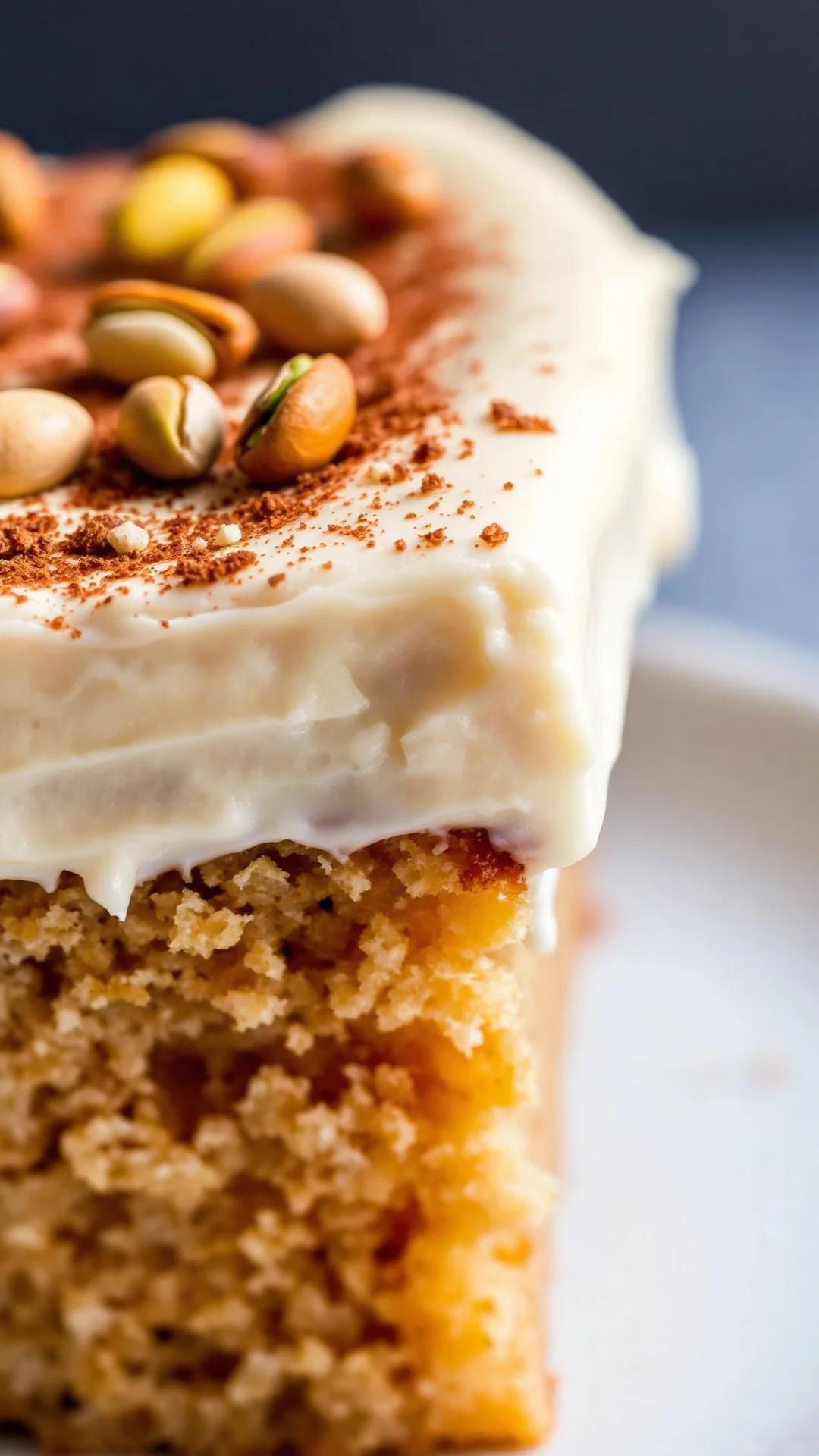 Close-up macro shot of moist eggnog cake slice with creamy eggnog frosting, pistachio garnish, and cinnamon dust, golden brow