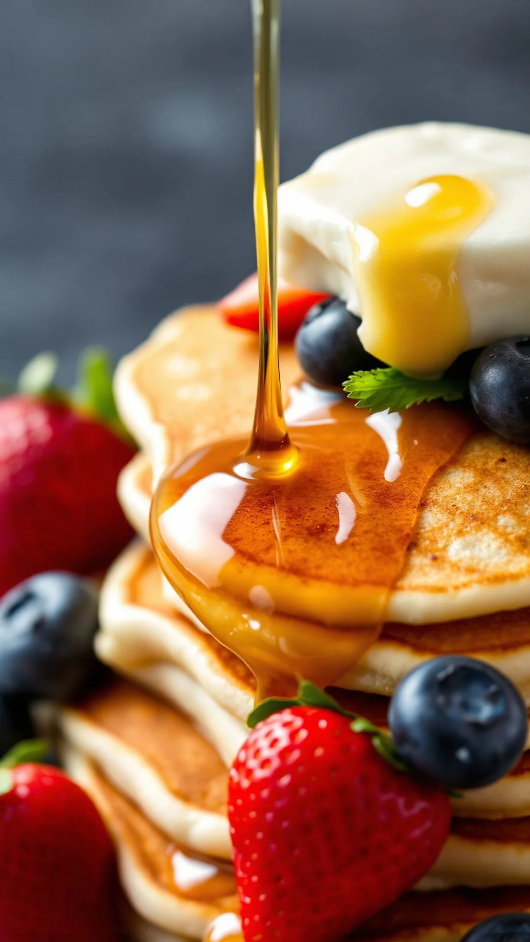 Close-up macro shot of perfect golden pancake stack, melting butter on top, dripping maple syrup, fresh strawberries and blue