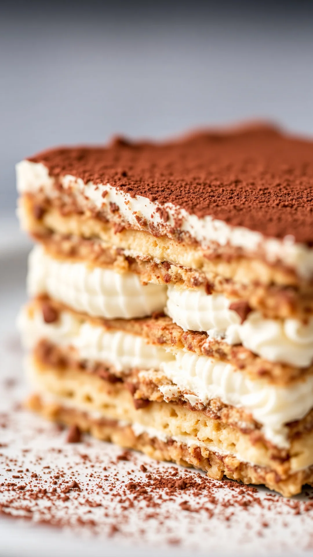 Close-up macro shot of perfect Tiramisu slice with creamy mascarpone layers and ladyfinger biscuits, rich chocolate cocoa dus